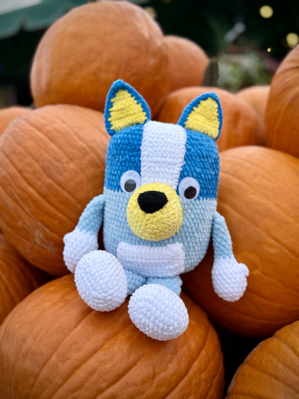 Blue crochet puppy with yellow ears and a yellow muzzle, sitting among pumpkins.