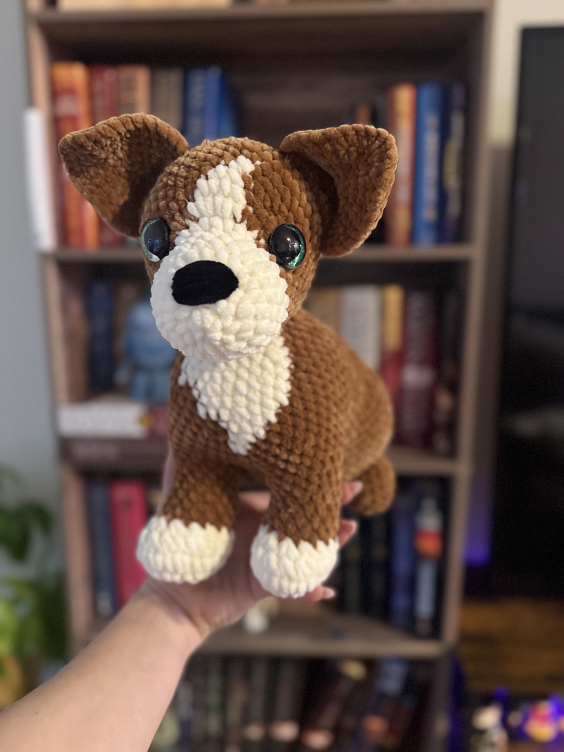 Brown and white crochet dog held in front of a bookshelf.