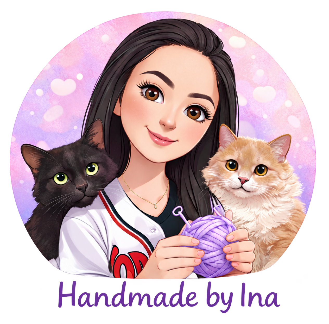 Handmade by Ina logo, featuring illustrated Ina with her two cats and lavender yarn.